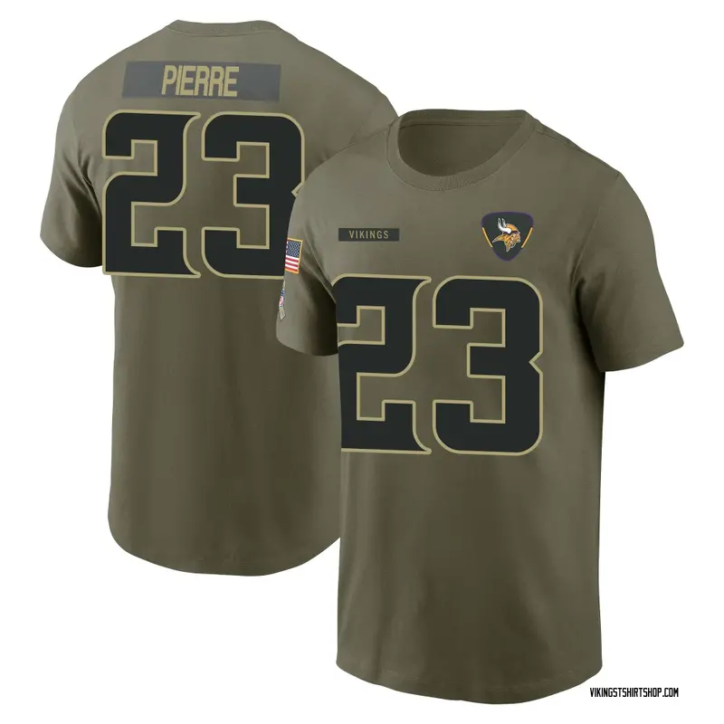 Men's James Pierre Minnesota Vikings Olive 2025 Salute to Service Name & Number T-Shirt
